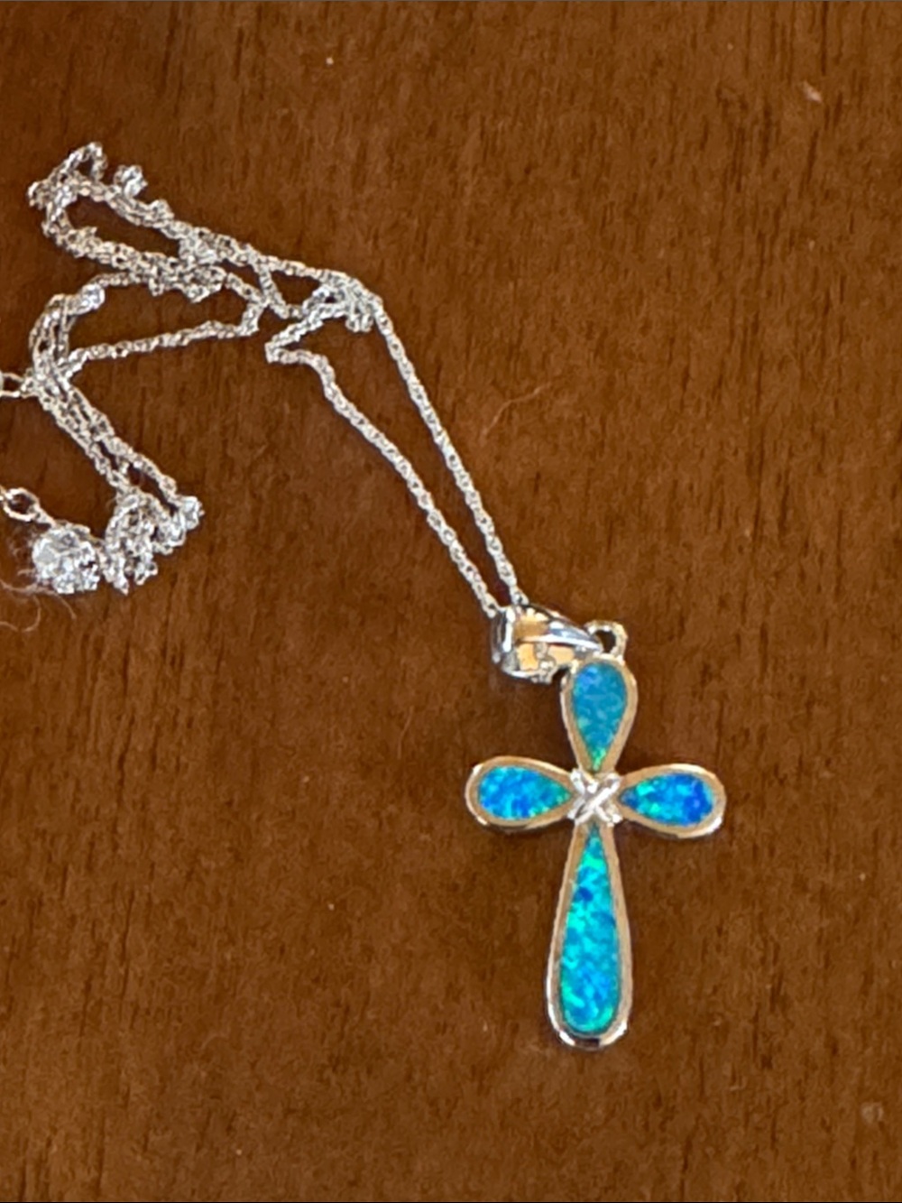 Silver Cross Pendant Necklace with Blue Opal Inlay - Women Jewelry